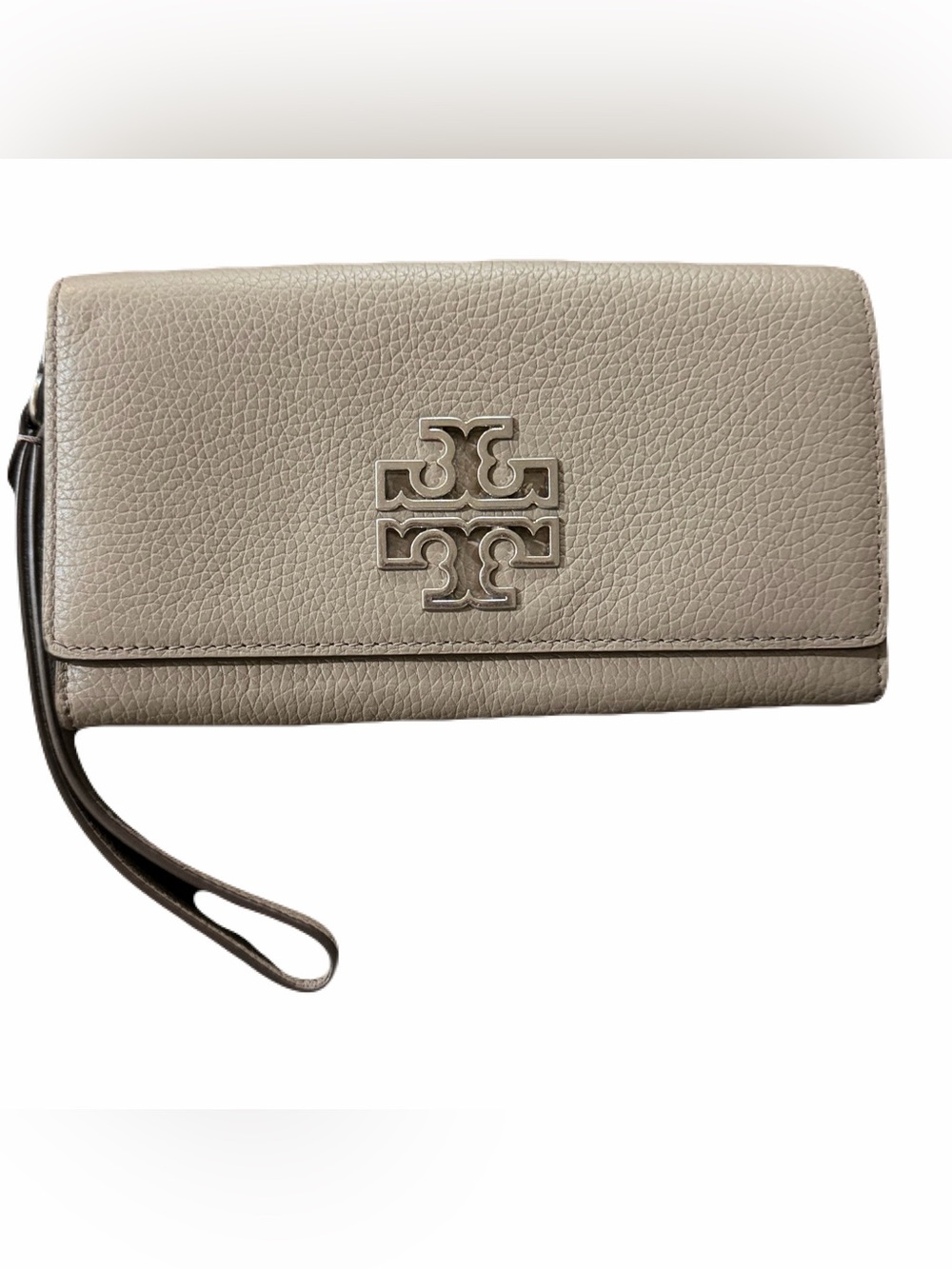 Tory Burch Britten Pebbled Leather Smartphone Wallet Wristlet Clutch Gray Silver
